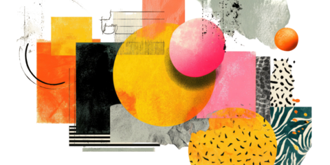 Abstract art composition with geometric shapes, circles, textures, and a vibrant color palette