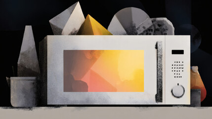 Gentle watercolor artwork showing an abandoned microwave in a soft, muted palette. The piece communicates environmental pollution and electronic waste awareness through an artistic lens. Ideal for eco