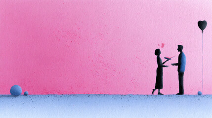 Artistic gouache painting of two lovers gently holding hands. Painted in soft romantic hues of pink, red, and beige, it captures emotion and tenderness. Ideal for greeting cards, romantic prints