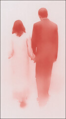 Gentle watercolor illustration of two lovers holding hands. Soft tones of pink and red evoke warmth, affection, and intimacy. Perfect for Valentine’s cards, wedding invitations, romantic wall art