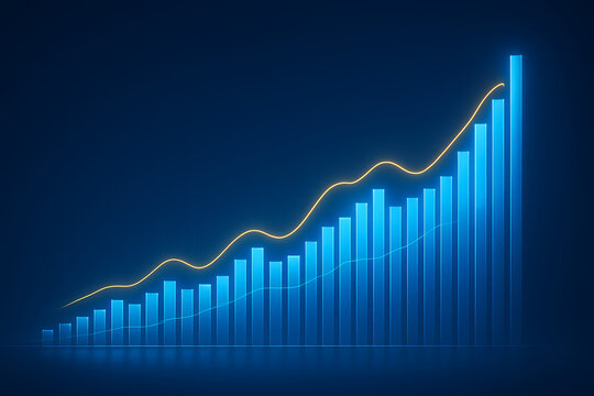 Blue glowing 3D bar chart with a superimposed yellow line showing consistent upward trend representing financial success market growth and positive business performance metrics