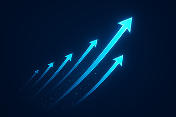 Multiple abstract bright blue glowing arrows of different sizes moving upward against a dark background symbolizing increasing business growth, progress, ambition, and technological advancement