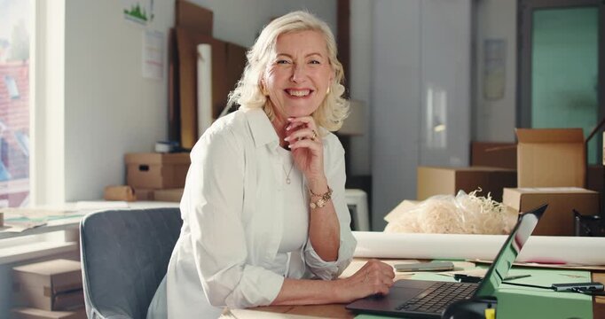 Ecommerce, face or woman in office with laptop, pride or experience in distribution industry. Smile, box or mature processing agent in workplace with tech, about us or confidence in logistics sector.