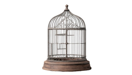 A detailed, isolated view of a decorative, ornate birdcage made of metal