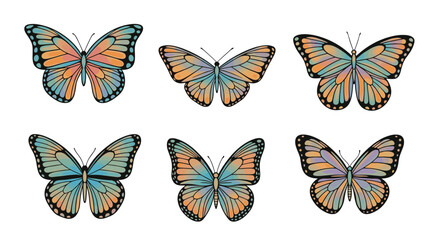 Six digitally illustrated butterflies with colorful patterned wings in a grid arrangement.