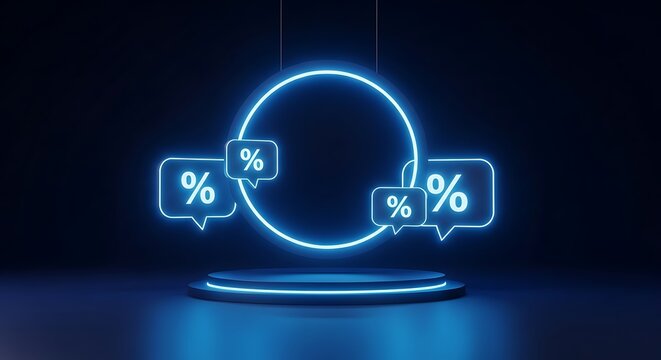 Enticing neon percentages are showcased on a sleek blue platform, perfect for grabbing attention for sales and discounts, driving conversions