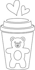 Adorable Bear Coffee Cup Outline Illustration with Hearts and Simple Line Art Style