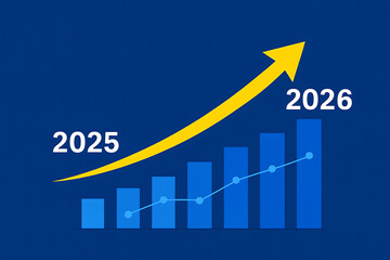 A year-over-year bar chart illustrating robust business growth from 2025 to 2026 with a large yellow upward arrow projecting a significant jump and future market success