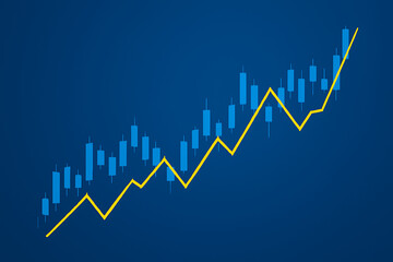 A bright yellow line chart showing an upward trend over blue candlestick bars on a dark blue background representing successful financial growth and stock market gains