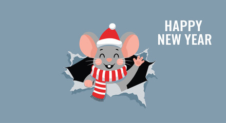 Happy new year festive rodent in a santa hat peeking through torn paper.
