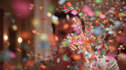 Colorful confetti explosion with dynamic motion against a bright background, celebratory party atmosphere with festive vibrant decorations, perfect for joyful events, birthdays, and celebration theme