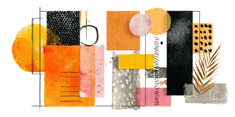 Abstract composition of geometric shapes and textures, in watercolor style, warm and neutral colors