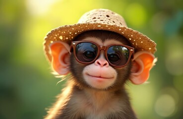 Cute young monkey wears straw hat and sunglasses. This adorable primate has a playful and relaxed expression, perfect for summer or tropical themes.