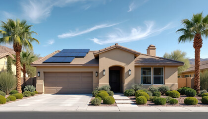 Beige single story suburban home in Las Vegas has solar panels. House with two car garage has desert landscaping. Modern home exterior showcases eco friendly energy power solution.
