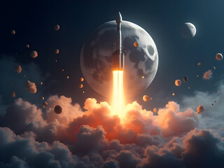 bitcoin rocket factory on Earth producing hundreds of price rockets launching simultaneously toward moon creating spectacular display