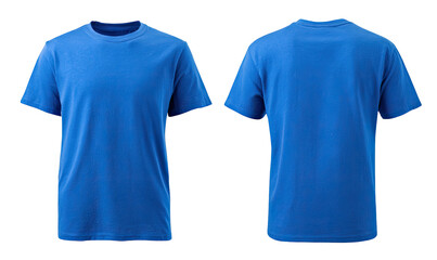 Front and back view of a plain, royal blue t-shirt
