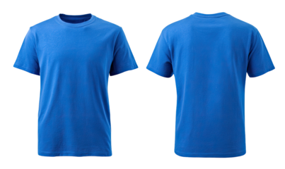 Front and back view of a plain, royal blue t-shirt