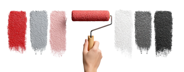 A hand holding a paint roller applies various shades of colors on black