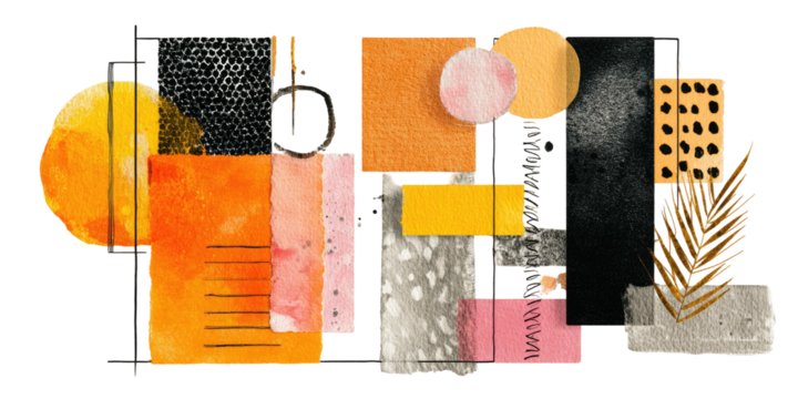 Abstract composition of geometric shapes and textures, in watercolor style, warm and neutral colors