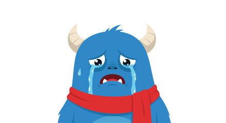 A blue furry monster with horns wearing a red scarf is crying with tears streaming down its face and mouth open in distress.