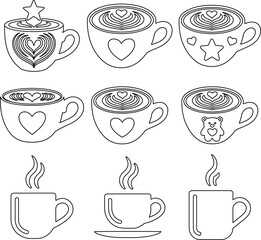 Cute Latte Art Coffee Cup Illustration Set with Hearts, Stars and Steaming Line Icons