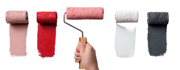 A hand holding a paint roller showcasing various colors in strokes against a black background