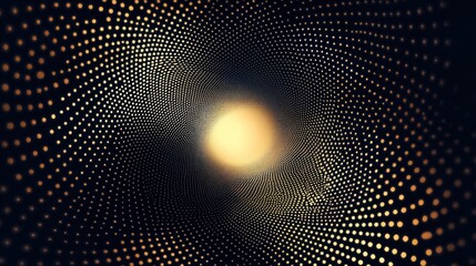 Abstract tunnel of swirling gold dots on dark background