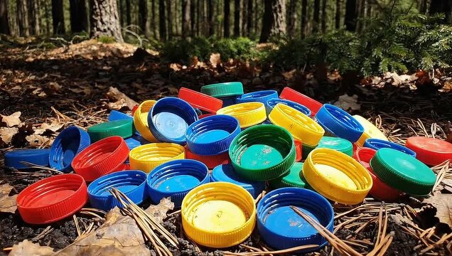 Plastic bottle caps littering the forest floor, highlighting environmental pollution.