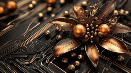 Golden floral detail on a dark circuit board