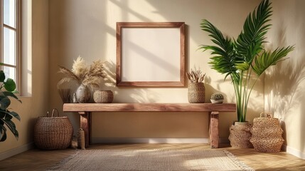 Warm, minimalist interior featuring a wooden bench and framed art. Sunlight streams in