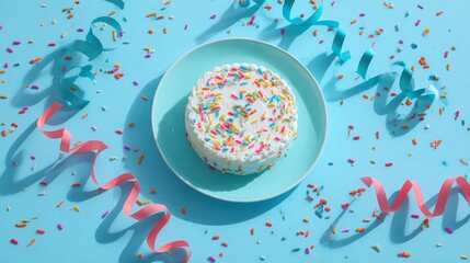 Delicious colorful bento cake with sprinkles and serpentine streamers on light blue table, festive flat lay celebration dessert photography