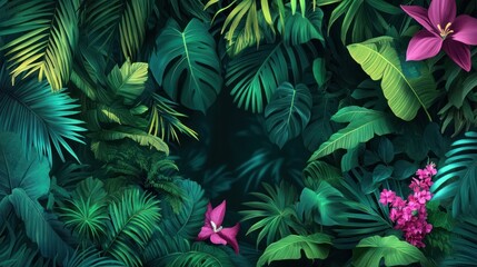 Lush tropical foliage creates a vibrant, dark green backdrop with pops of magenta flowers