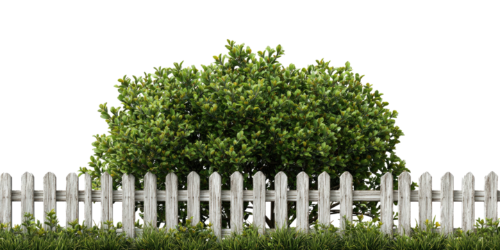 A white picket fence, green bush, and grass against a black background