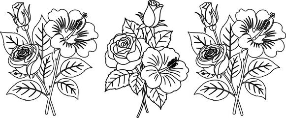 detailed Black and White Botanical Bouquet Illustration with Elegant Flower Outlines