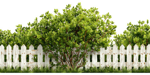 A vibrant garden scene with lush green foliage, white picket fence, and grassy foreground