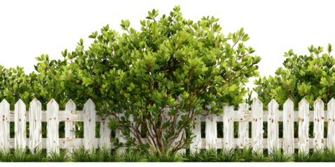 A vibrant garden scene with lush green foliage, white picket fence, and grassy foreground
