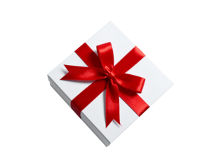 white gift box with red bow and ribbon isolated on transparent background, png