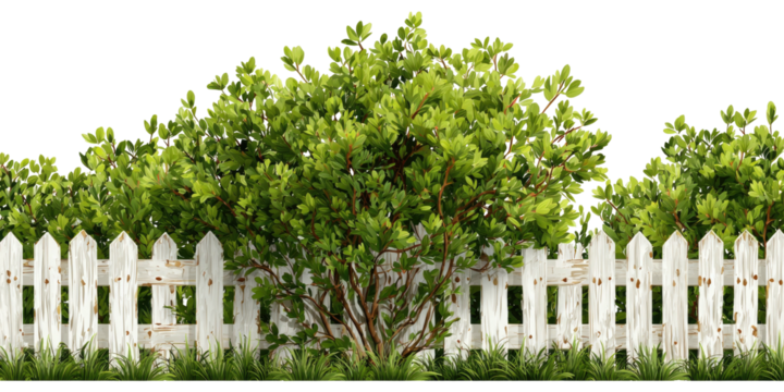 A vibrant garden scene with lush green foliage, white picket fence, and grassy foreground