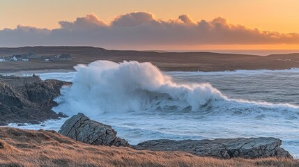 Dramatic coastal sunset, powerful waves crashing against rocks