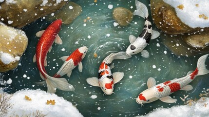 Winter koi pond, snow-dusted stones, and tranquil water.  Four colorful koi swim in a circular pattern in a frozen pond, surrounded by rocks and snow.  Falling snow, dry leaves, and a calm atmosphere