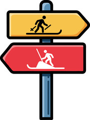 Skiing and snowboarding direction sign on colorful background  
