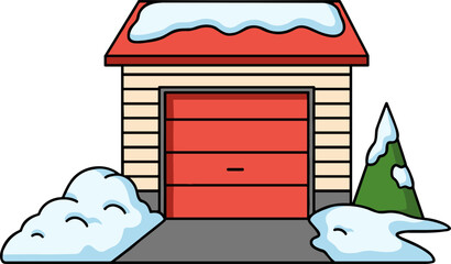 Simple cartoon garage with red door and snow-covered roof  