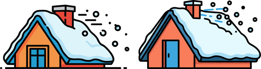 Snow-covered houses with animated snow effects in winter scenery  