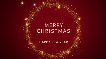 Christmas Red Background with Glass Light Garland Ring Festive Xmas & New Year Vector Illustration