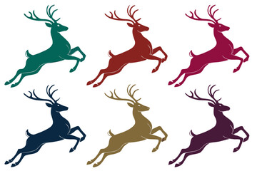 Reindeer running pack silhouette isolated on white background