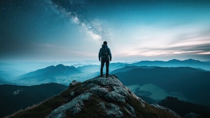 Silhouetted figure stands atop mountain peak, gazing at night sky with milky way