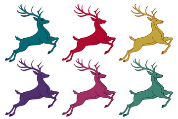 set of Reindeer running silhouette isolated on white background