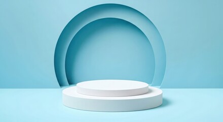 Twotiered white platform within a blue arched recess, minimalist design