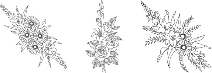 Elegant Fine-Line Floral Bouquet Illustration Set with Detailed Botanical Elements