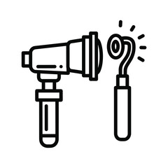 Black and white outline icon of an otoscope and ear curette